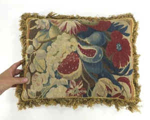 Antique Aubusson Old Tapestry Floral Pillow 18th or 19th c. - Picture 1 of 8