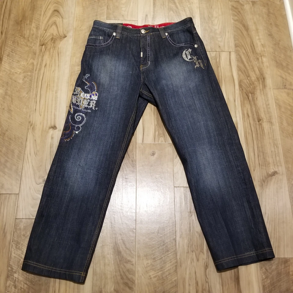 Vtg Crown Holder Jeans Mens 38 Button Fly Denim Embellished Hip Hop Y2K 39x32 - Image 1 of 4