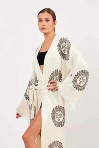 Turkish Cotton Sun Kimono Robe, Beachwear, Bathrobe, Boho Festival, Cream - Picture 1 of 4