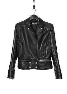 Balmain Black Lambskin Logo Embossed Leather Jacket - 40 FR - Picture 1 of 14