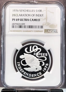 1976 SEYCHELLES SILVER 10 RUPEES SEA TURTLE NGC PF 69 ULTRA CAMEO RARE TOP POP - Picture 1 of 3