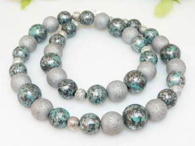 Halskette Kette Acryl türkis grau Glas Perlen diamantisiert silber Stardust 228d - Bild 1 von 4
