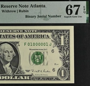 Top Pop 1995 $1 FRN PMG 67EPQ highest graded binary serial number 01000001 - Picture 1 of 4