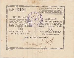 ROMANIA BAIA MARE BON DE CASSA UTALVANY 100 COROANE KORONAT 1920 VF - Picture 1 of 2