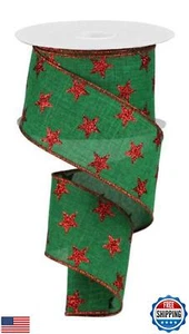 Stars Wired Edge Ribbon - 10 Yards (Emerald Green, Red, 2.5") - Picture 1 of 1