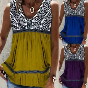 Womens Floral Sleeveless Tank Tops Summer Casual Loose Camisole Vest T-Shirt Tee - Picture 1 of 17