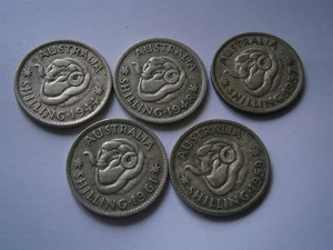 Five Australia Shilling Coin 1944-1961 |George VI -Elizabeth II- Free Postage!! - Foto 1 di 2