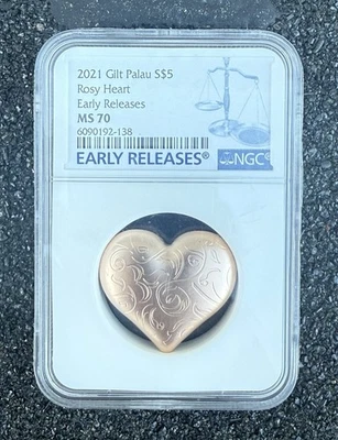2021 Palau Rosy Heart 3D Heart Shaped 1 oz Silver Rose Gold Gilt Satin NGC MS70 - Image 1 of 2