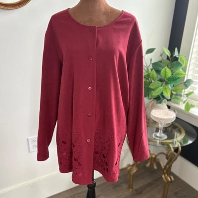 Jane Ashley Woman 1X Red Embroidered Hearts Button Front Top Tunic Blouse - Image 1 of 4