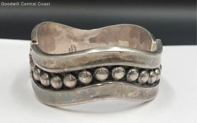 Vintage Mexico Sterling Silver Hinged Wavy W/ Beads Designs Bangle Bracelet - Image 1 of 4
