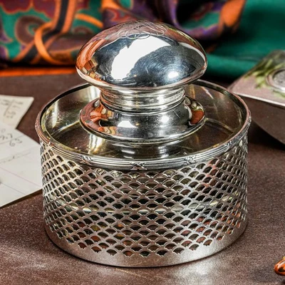 Elegante tintero de escritorio de pisapapeles de cristal de plata de ley antigua pesada Foto 1 de 4