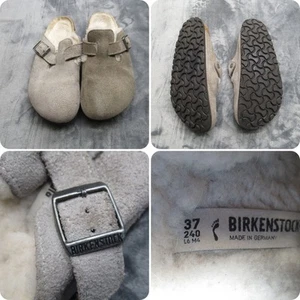 Birkenstock Sandals Womens 37 Gray Boston Clogs Suede Leather Slip On Buckle - Picture 1 of 12
