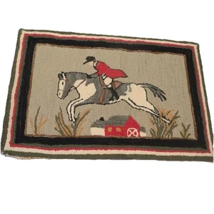 Tapis vintage laine crochet laine mélangée TALLYHO CHEVAL scène de chasse made in India 25x36 - Photo 1/9