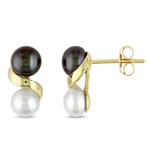 Amour 10k Gold Black and White Cultured Freshwater Pearl Earrings - Picture 1 of 4