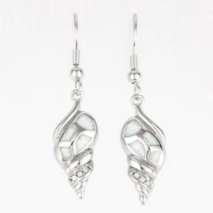 Conch Seashell White Fire Opal Silver Jewelry Dangle Drop Earrings - Picture 1 of 6