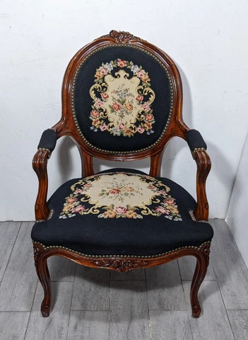 Antique French Victorian Carved Wood Floral Needlepoint Parlor Arm Chair Cover