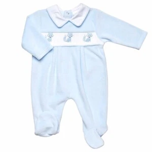 BABY BOYS BLUE ROMPERS SMOCKED VELOUR SLEEPSUIT FOX DESIGN 3 - 6 MONTHS GIFT - Picture 1 of 2