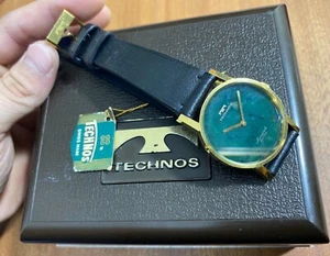 vintage Technos Rare Green Stone Dial 14k Gold Filled Box Buckle Unisex Winding - Picture 1 of 23