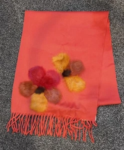Colombo Cashmere Scarf Shawl Fur Flower Detail Burnt Orange - Picture 1 of 7