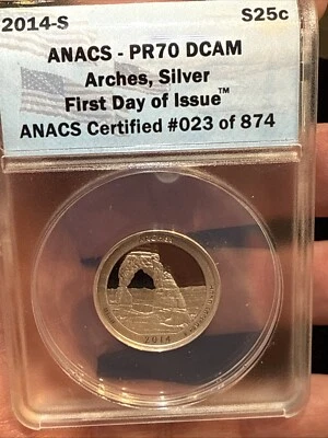 2014 S SILVER 25c PROOF 70 DEEP CAMEO ARCHES, SILVER First Day Of Issue - Image 1 of 4