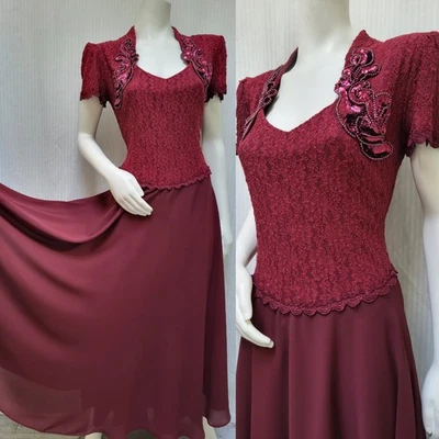 Maxi Vestido Vintage DOLLAR Borgoña Encaje Lentejuelas y Gasa - Talla M - Usado en Excelente Condición Foto 1 de 4