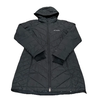 Chaqueta acolchada larga con capucha negra Columbia Omni Heat Heat Heavenly para mujer talla pequeña Foto 1 de 4