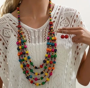 Juego de collar de cuentas de madera multicolor plateado largo perforado - Imagen 1 de 4