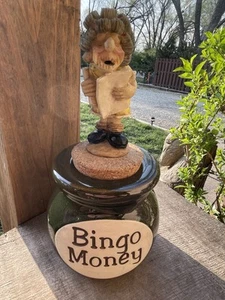 Funny Bingo Money Jar Ceramic W/ Cork Top Resin Old Lady Bingo Player Coin Bank - Picture 1 of 12