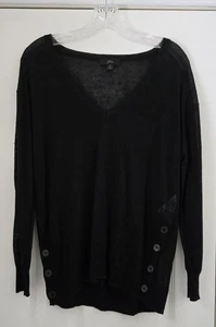 J. Crew Linen Blend Sweater Top Women S Black Semi Sheer V-Neck Side Button L/S - Picture 1 of 13