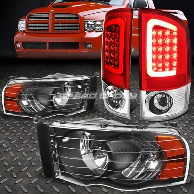 BLACK HEADLIGHT+AMBER CORNER+RED 3D LED BRAKE TAIL LIGHT FOR 02-05 DODGE RAM - Изображение 1 из 4