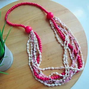 Large Pink Wood Beads & Natural Shell & Glass Bead Necklace Jewellery, SPN-54 - Picture 1 of 6
