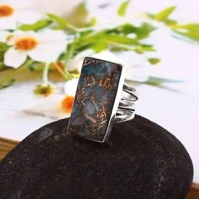 Anillo Turmalina Azul Cobre Turquesa | Anillo Rectangular Hecho a Mano Plata de Ley Foto 1 de 3