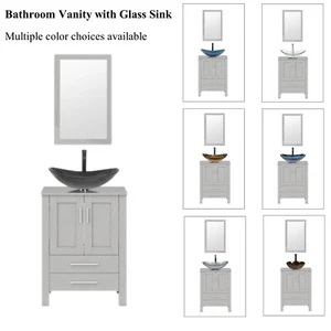 24" Bathroom Vanity Single Cabinet with Vessel Sink Mirror Combo Faucet Drain - Picture 1 of 85