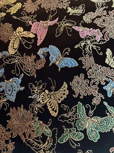 Oriental Asian Black Jewel Tone Fabric 3 Yards Metallic Brocade Butterfly - Picture 1 of 15