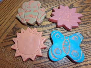 Terra Cotta Coasters Shape of Butterfly Flowers Frog Sun Set of 4 - Picture 1 of 11