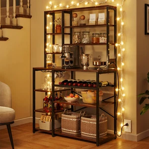 Kitchen Stand Bakers Rack Coffee Bar Station Wine Storage Utility Shelves Wood - Picture 1 of 8