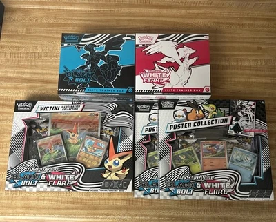 Pokémon Sealed Lot - Black Bolt & White Flare ETB, 2 Poster & Victini Collection - Image 1 of 2