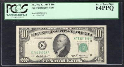 FR. 2012-K 1950-B $10 FRN FEDERAL RESERVE NOTE DALLAS, TX PCGS UNC-64PPQ (C) - Image 1 of 2