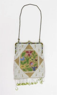 Cartera Art Deco de 1920 con cuentas con estampado floral y cadena de metal 5,5" x 6" Foto 1 de 4