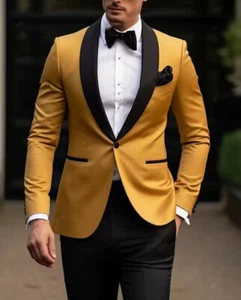 Men's Orange Shawl Lapel Blazer Black Pant Tuxedo Wedding Groom Prom Party Suit - Picture 1 of 7