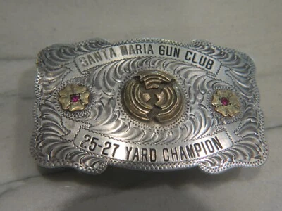 Sterling Silver & Gold Hand Engraved Santa Maria Gun Club Trophy Belt Buckle - Image 1 of 4