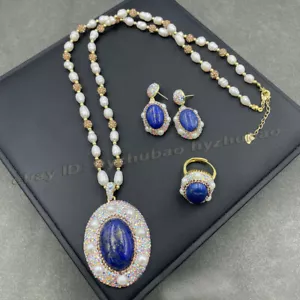 Collar colgante de perlas blancas naturales con incrustaciones de lazuli lapislázuli ovalado - Imagen 1 de 8