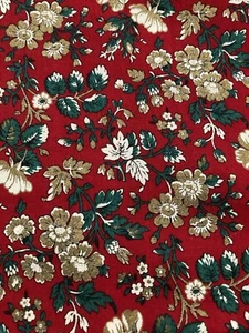Tan Flowers Green Leaves on Red Fabric Joan Kessler Concord Fabrics 1.75Y x 44"W - Picture 1 of 4