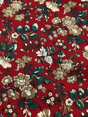 Tan Flowers Green Leaves on Red Fabric Joan Kessler Concord Fabrics 1.75Y x 44"W - Image 1 of 4
