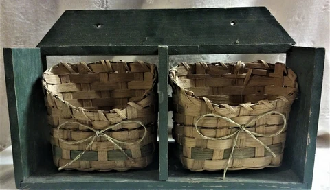 Green Wooden Shelf w/Two Wicker Baskets for Storage or Silk Flowers, 11.75" Wide Cover