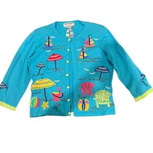 Cardigan Jack B Quick donna blu medio tema spiaggia maglione ricamato perline - Foto 1 di 4