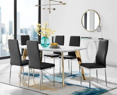 ANDRIA White Marble Effect & Gold Leg Dining Table & 6 Faux Leather Chairs - Image 1 of 4