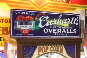 RARE CARHARTT OVERALL DEALER PORCELAIN METAL SIGN WORK WEAR DENIM TRAIN HEART - Picture 1 of 10