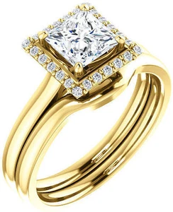 1.13 carat Princess & round Diamond Halo Engagement Wedding 14k Yellow Gold Ring - Picture 1 of 1