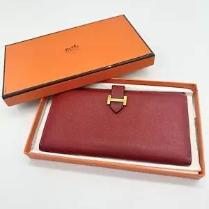 HERMES Bearn Box Calf Leather Long Bifold Wallet red Authentic From Japan - Picture 1 of 22